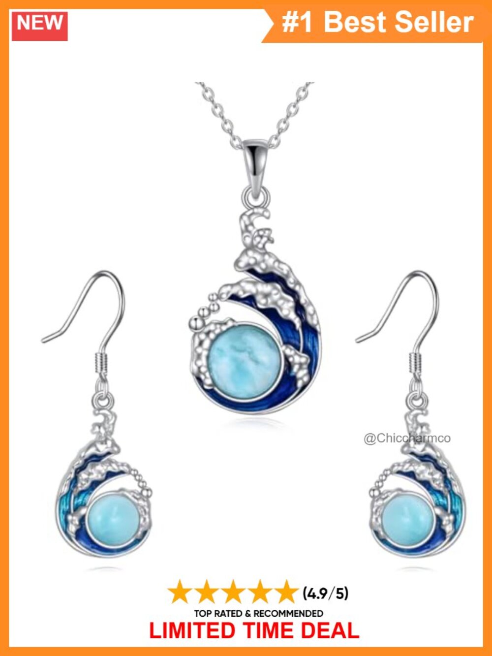 Larimar Necklace Earrings 925 Sterling Silver Wave Jewelry Set